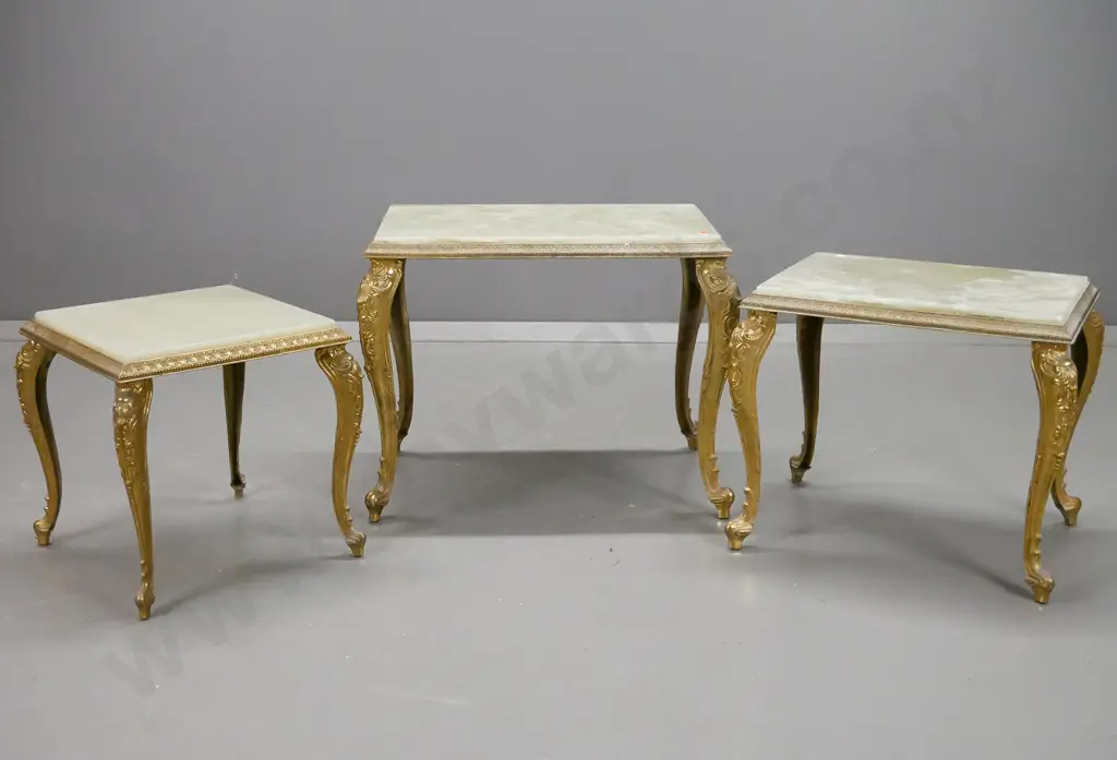 set of 3 rococo style nesting tables - cast brass with pale green stone or marble tops - smallest one plain stone, all Image 1++