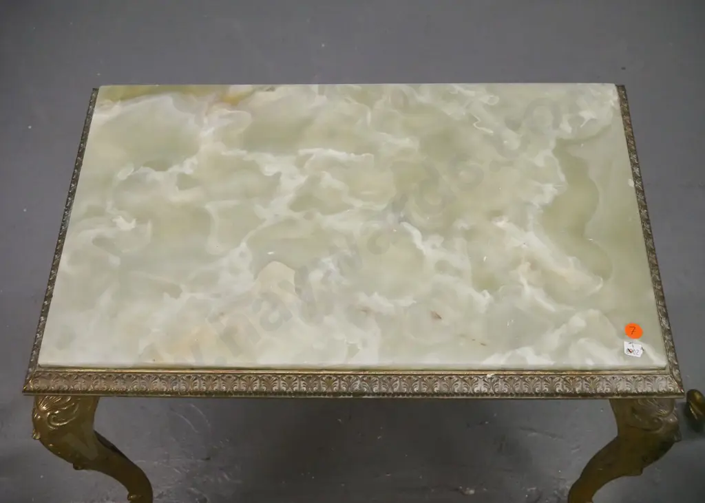 set of 3 rococo style nesting tables - cast brass with pale green stone or marble tops - smallest one plain stone, all Image 1++