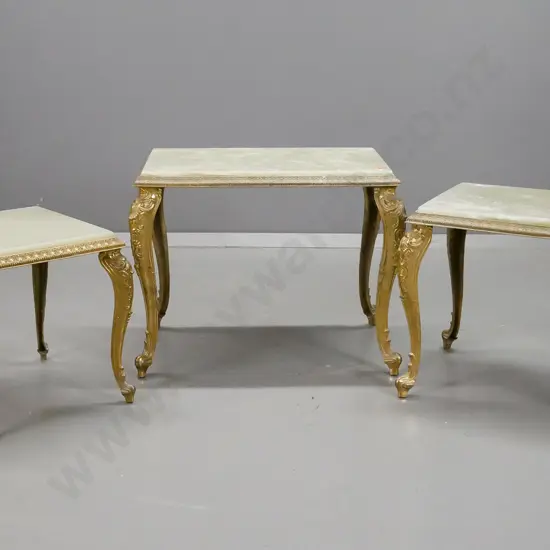 set of 3 rococo style nesting tables - cast brass with pale green stone or marble tops - smallest one plain stone, all