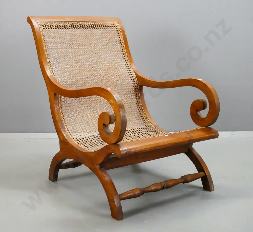 vintage large teak and hand woven cane lounge chair with scrolling arms, turned rails, one arm loose. H-920 W-610 D-720 Image 1++