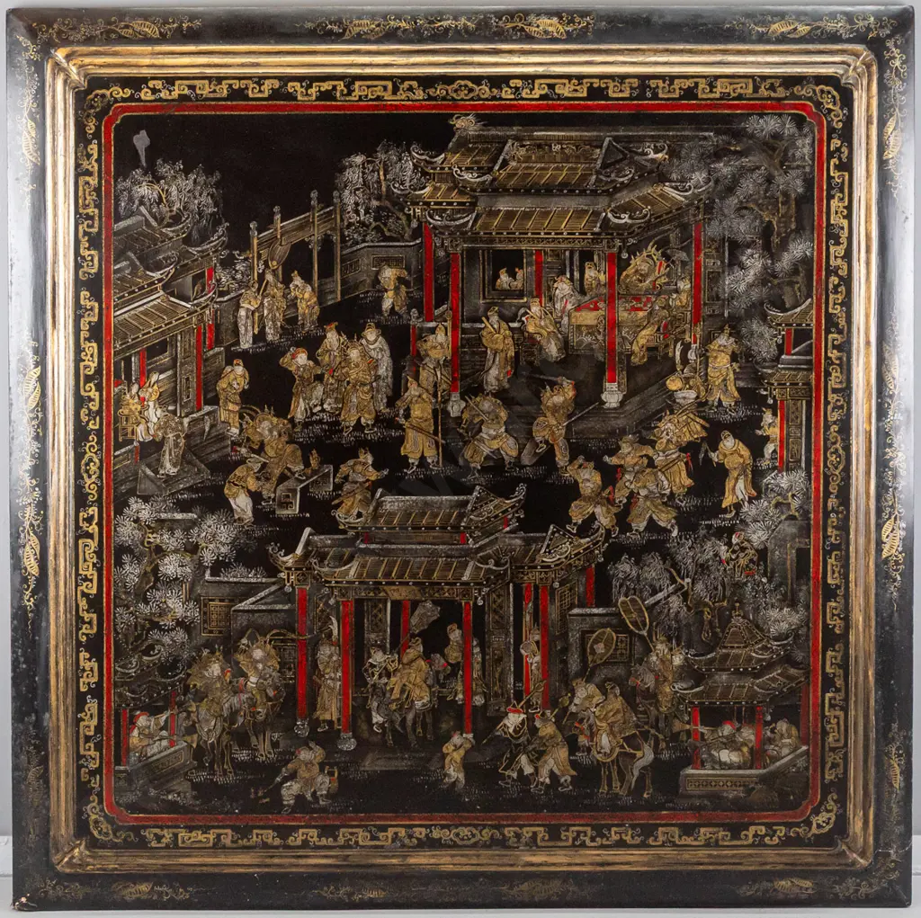 reproduction oriental gold and red painting on black board H1150 W1130 (some repairs) Image 1++