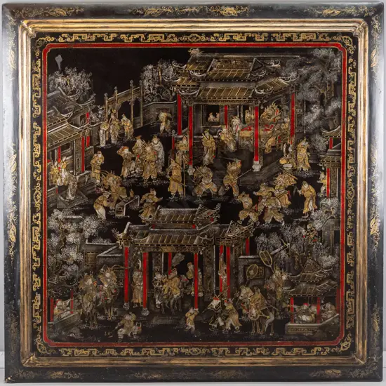 reproduction oriental gold and red painting on black board H1150 W1130 (some repairs)