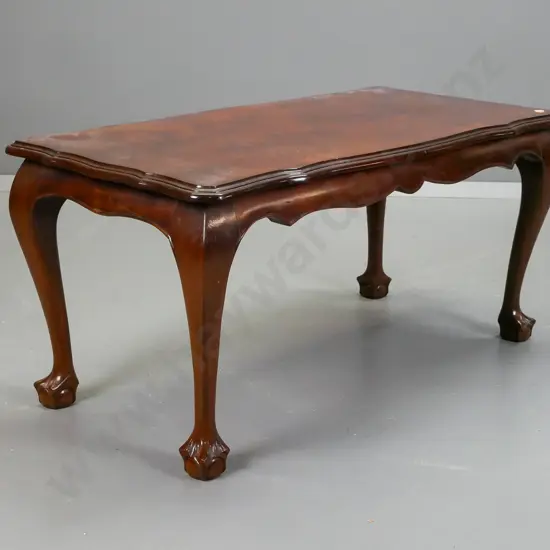 walnut top & mahogany cab leg coffee table with ball and claw feet - some chips/ scratches to laquer finish on top