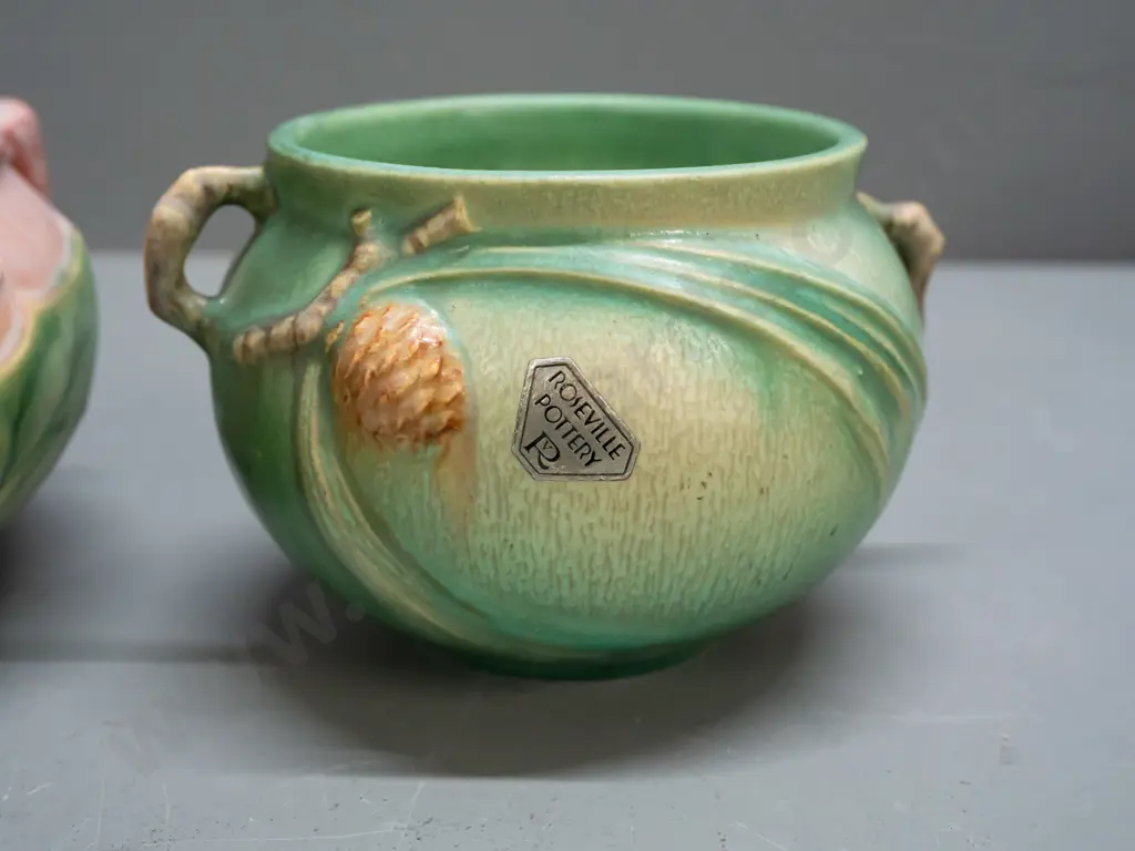 2 vintage Roseville American studio pottery bowls - larger with lug handles H-80 D-170 & smaller with twig handles. Both Image 1++