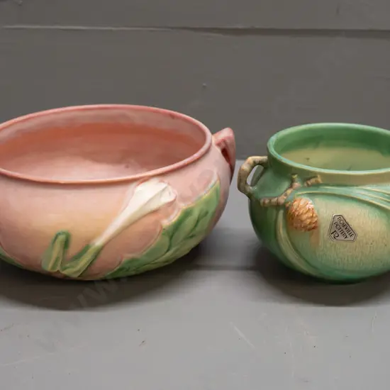 2 vintage Roseville American studio pottery bowls - larger with lug handles H-80 D-170 & smaller with twig handles. Both