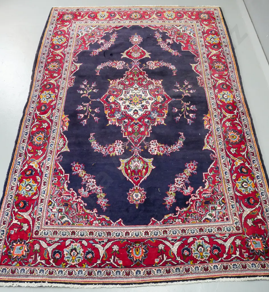 Persian style wool floor rug - dark reds and blues - some wear and indentation, some missing fringe L-2160 W-1430 Image 1++