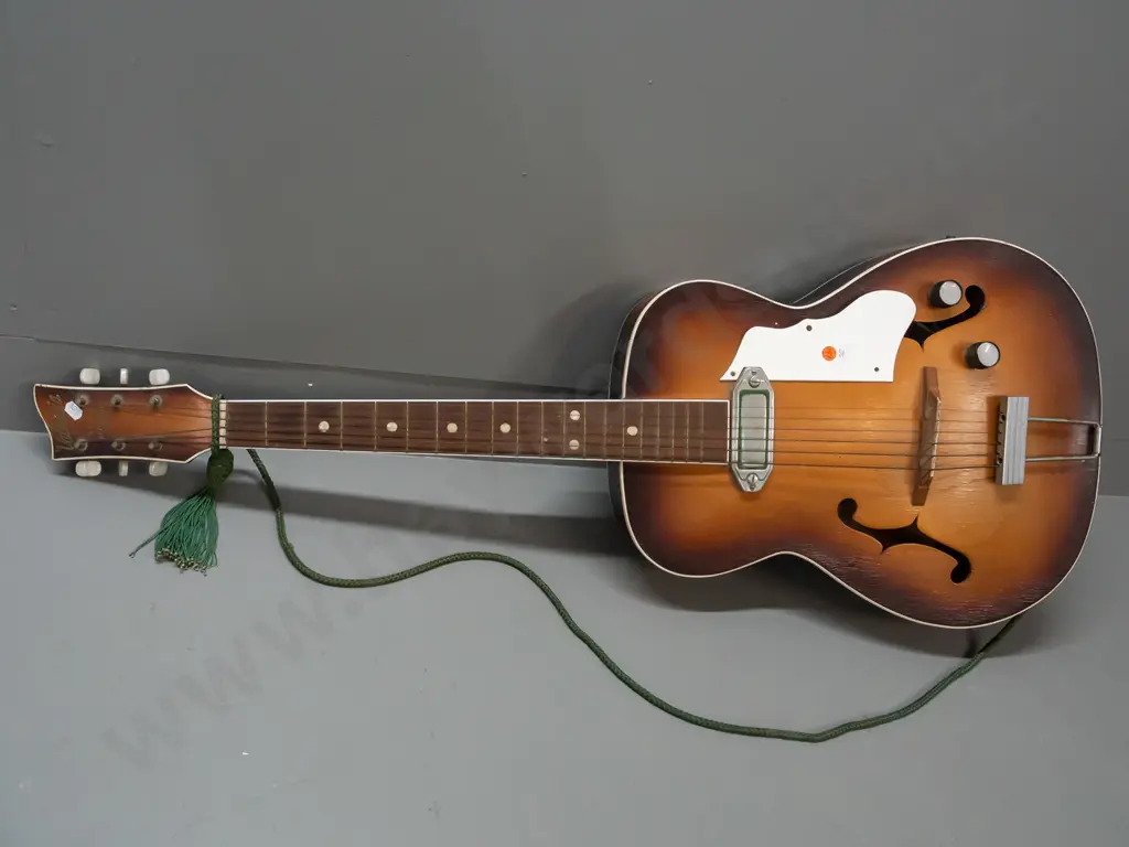 retro Valencia arch-top acoustic guitar with electric pickup marked Maestro - corrosion to tuners, cracks and crazing to Image 1++