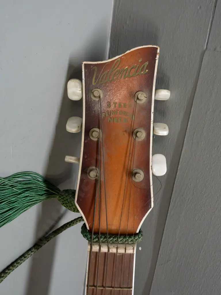 retro Valencia arch-top acoustic guitar with electric pickup marked Maestro - corrosion to tuners, cracks and crazing to Image 1++