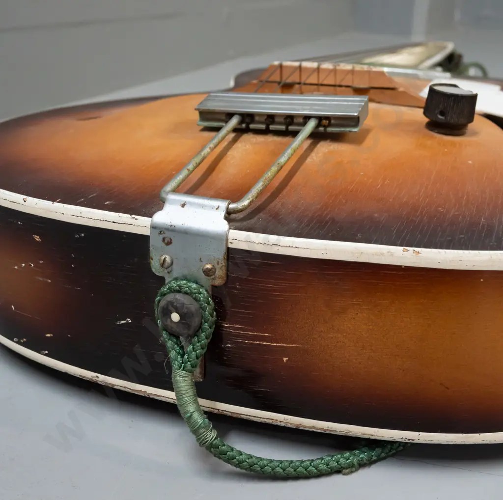 retro Valencia arch-top acoustic guitar with electric pickup marked Maestro - corrosion to tuners, cracks and crazing to Image 1++