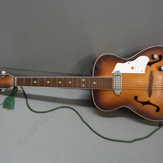 retro Valencia arch-top acoustic guitar with electric pickup marked Maestro - corrosion to tuners, cracks and crazing to