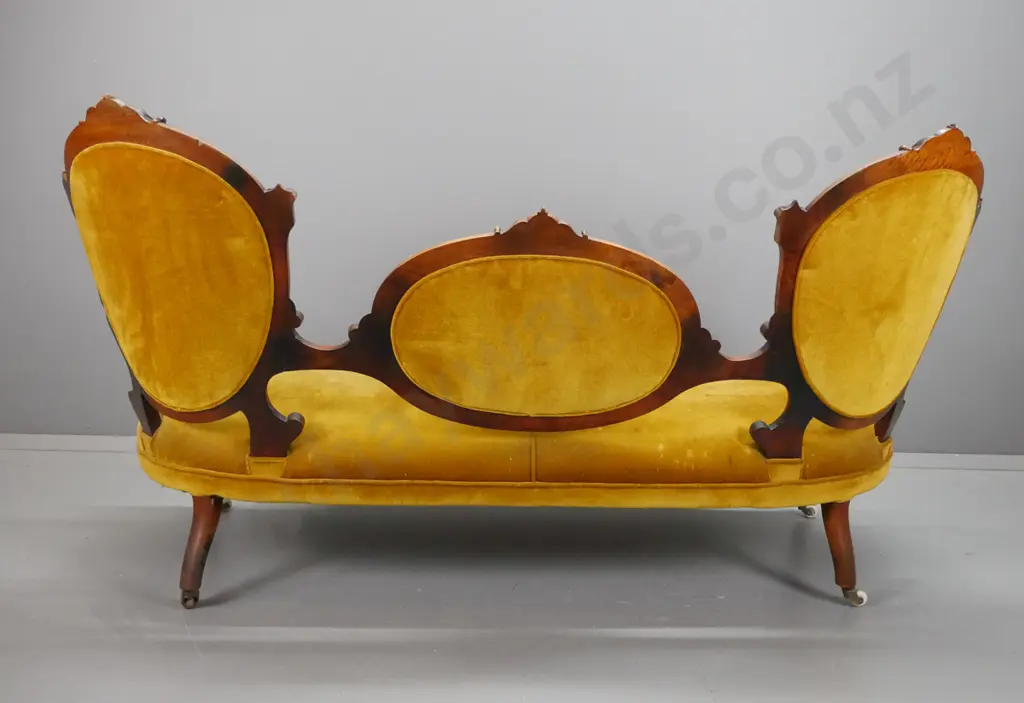 Victorian walnut cameo-back open-armed settee w/fluted supports, turned front legs, deep-button back in gold fabric, one Image 1++