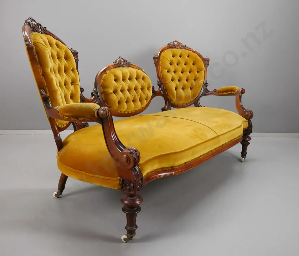 Victorian walnut cameo-back open-armed settee w/fluted supports, turned front legs, deep-button back in gold fabric, one Image 1++