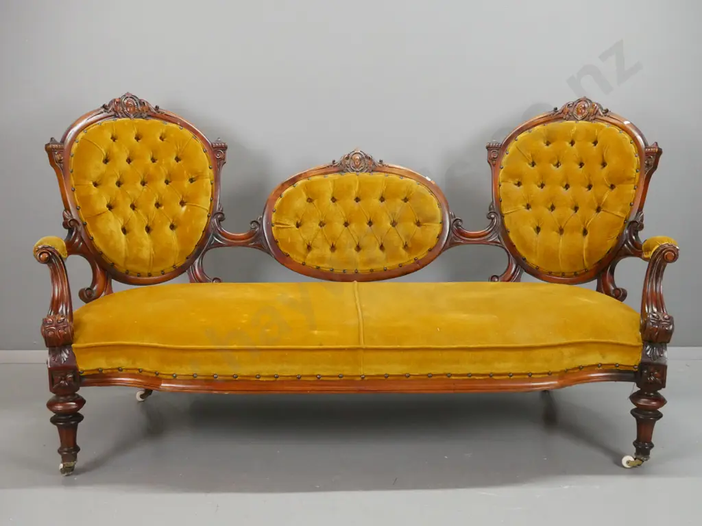 Victorian walnut cameo-back open-armed settee w/fluted supports, turned front legs, deep-button back in gold fabric, one Image 1++