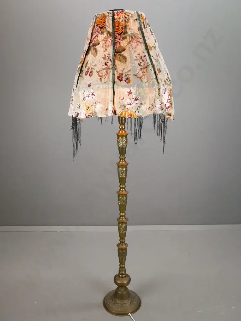 cast brass standard lamp with round base, bird or phoenix motifs, fringed and pleated silk cover over shade H-1760 Image 1++