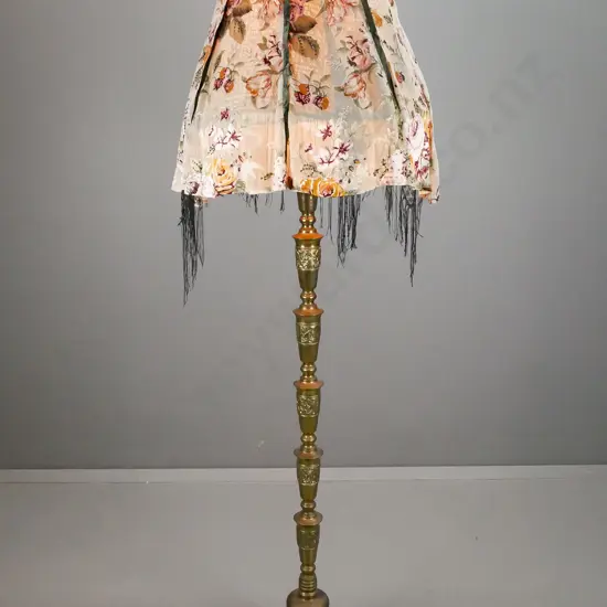cast brass standard lamp with round base, bird or phoenix motifs, fringed and pleated silk cover over shade H-1760
