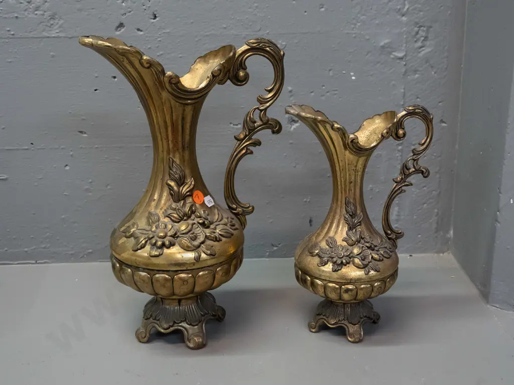 2 ornate Italian cast brass ewer jugs with applied decoration, rococo style handles - some discolouration / pitting. Image 1++