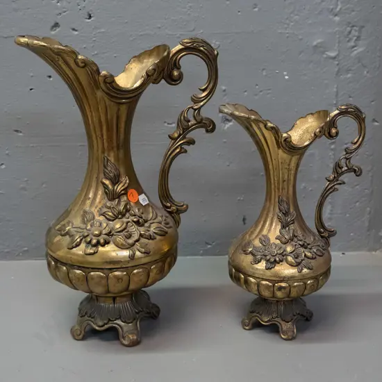 2 ornate Italian cast brass ewer jugs with applied decoration, rococo style handles - some discolouration / pitting.