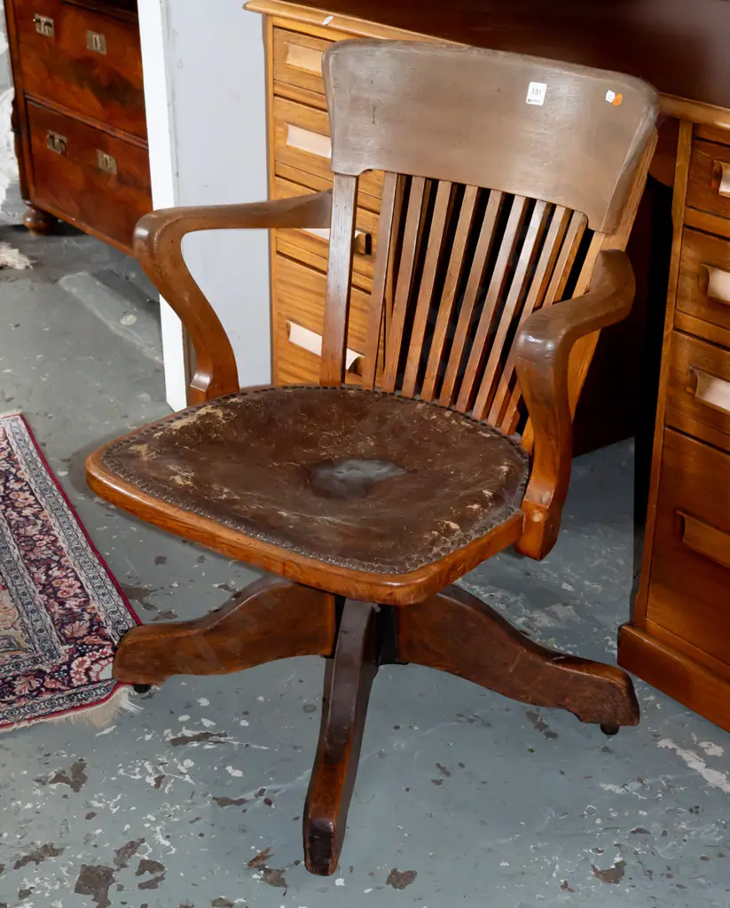 vintage oak office chair with leather upholstered seat - some stains, scratches, wear to leather Image 1++