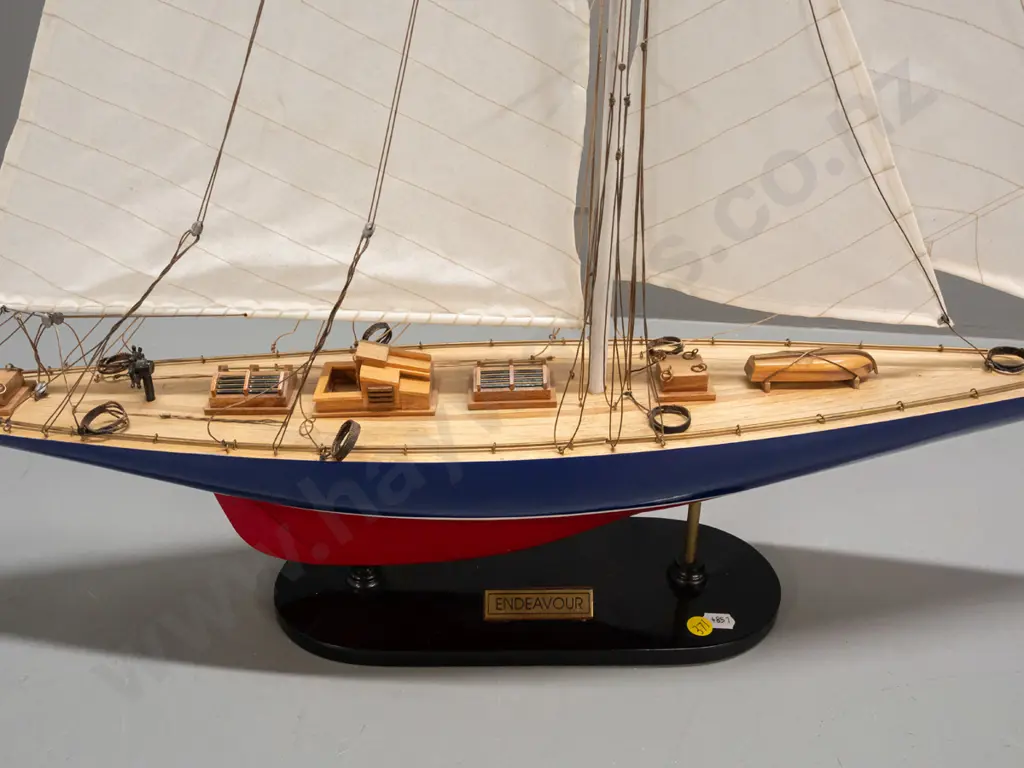 model sailing yacht "Endeavour', timber model w/ fabric sails, metal & thread rigging, on timber base. Minor foxing to Image 1++