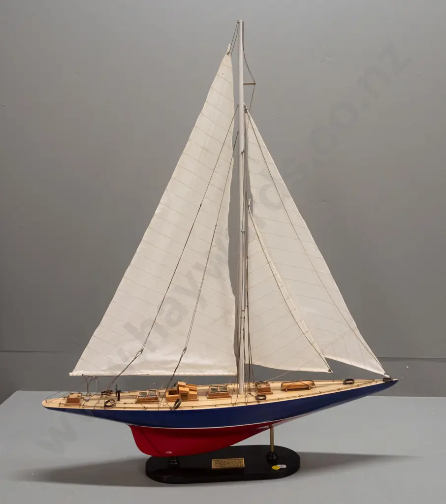 model sailing yacht "Endeavour', timber model w/ fabric sails, metal & thread rigging, on timber base. Minor foxing to Image 1++