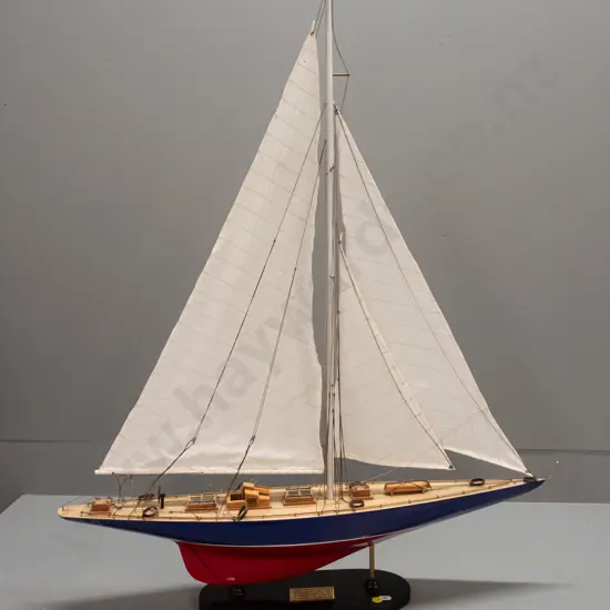 model sailing yacht "Endeavour', timber model w/ fabric sails, metal & thread rigging, on timber base. Minor foxing to