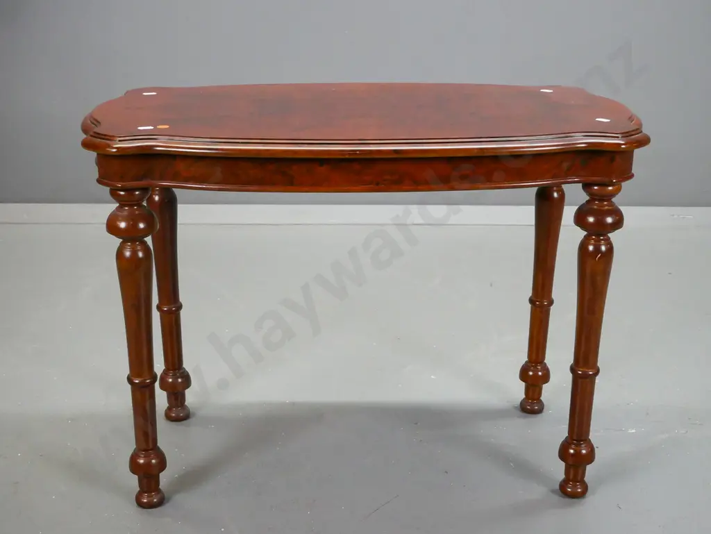 walnut side table with shaped top & turned legs some chips / scratches to finish and glue residue on top H510 L710 W410 Image 1++