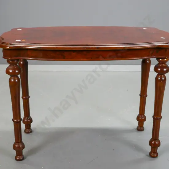 walnut side table with shaped top & turned legs some chips / scratches to finish and glue residue on top H510 L710 W410