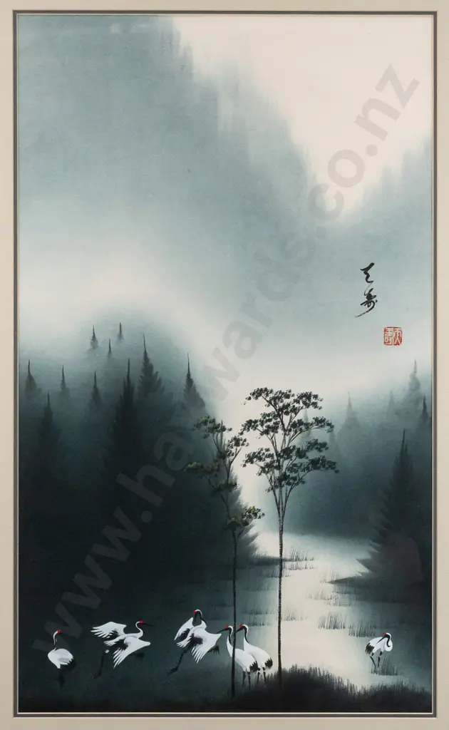 unknown artist - framed silk watercolour - landscape H770 W460 Image 1++