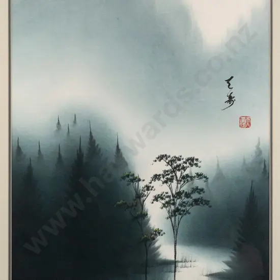 unknown artist - framed silk watercolour - landscape H770 W460