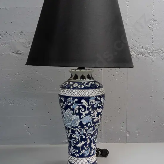 Chinese blue and white table lamp with wooden base with a black fabric shade H-740 D-410