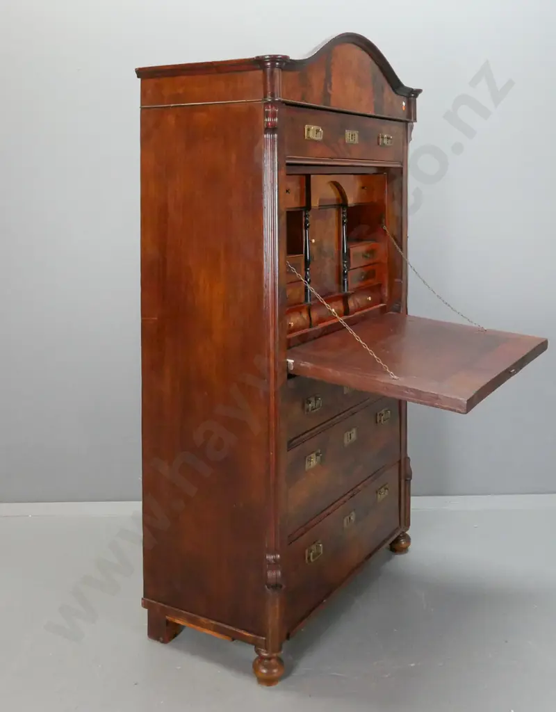 antique French walnut secretaire w/ 4 main drawers, 8 drawers and cupboard inside drop front writing area, figured Image 1++