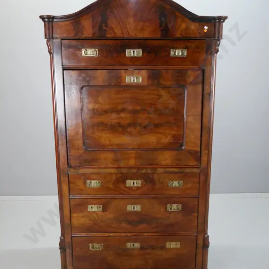 antique French walnut secretaire w/ 4 main drawers, 8 drawers and cupboard inside drop front writing area, figured