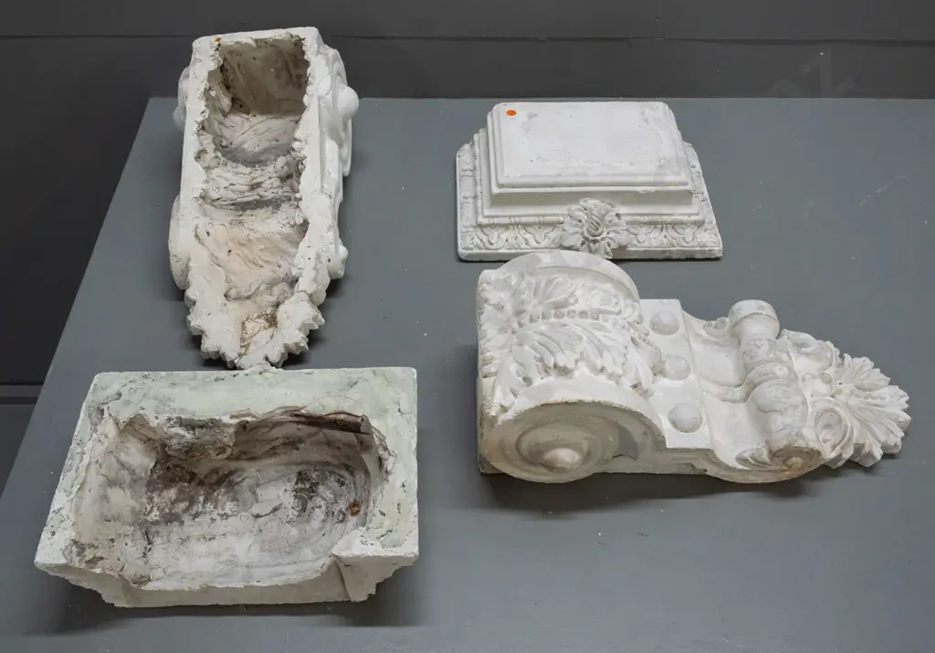 pair of cast plaster decorative architectural corbels with top plate / base for display - two have repairs, all with Image 1++