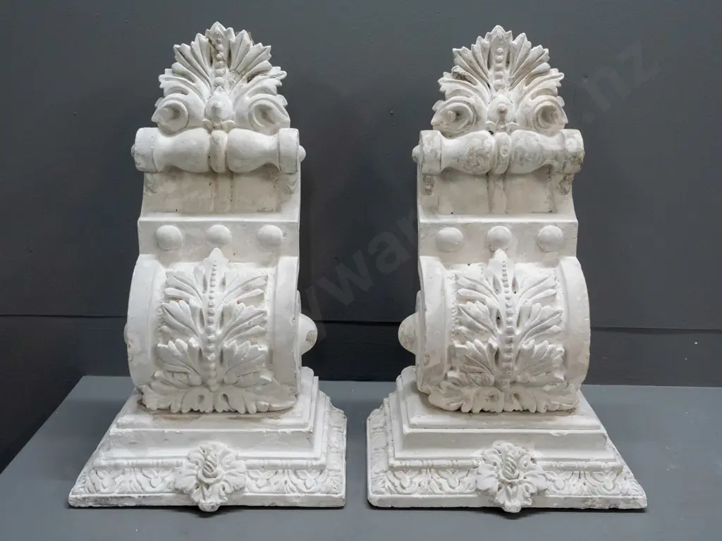 pair of cast plaster decorative architectural corbels with top plate / base for display - two have repairs, all with Image 1++