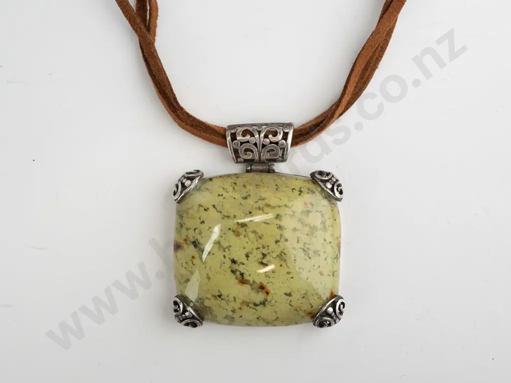 sterling silver heavy stone necklace on leather strands -  CF THAI Image 1++