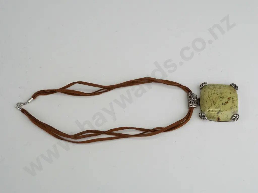 sterling silver heavy stone necklace on leather strands -  CF THAI Image 1++