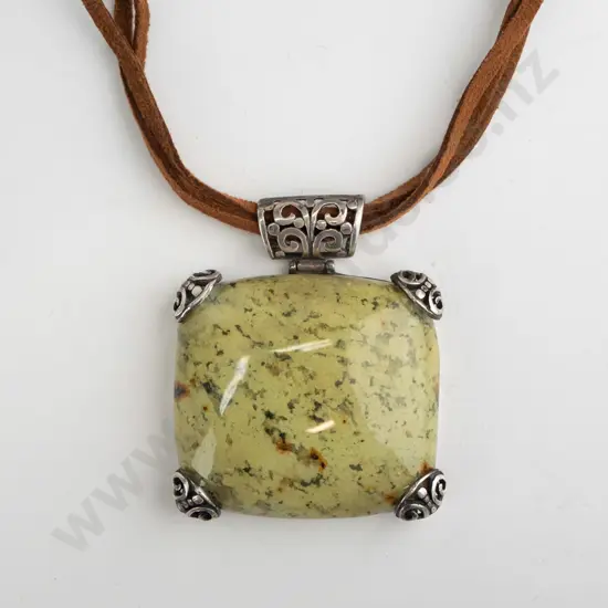 sterling silver heavy stone necklace on leather strands -  CF THAI