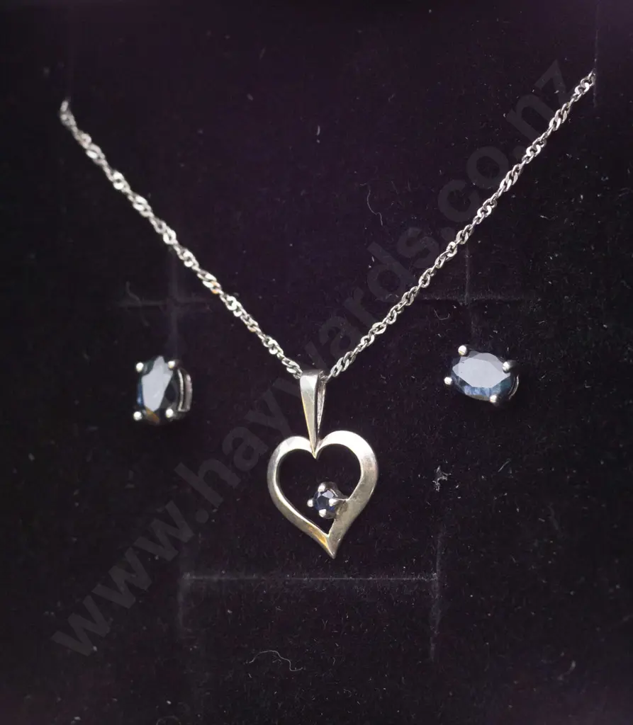 silver heart with sapphire & matching earrings chain stamped 925 Image 1++