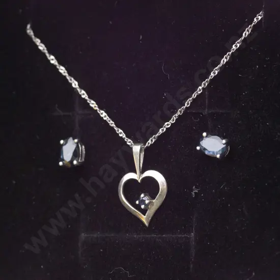 silver heart with sapphire & matching earrings chain stamped 925