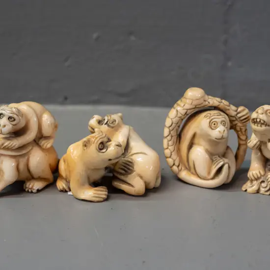 4 faux ivory or bone figures and/or netsuke - animals and mythical beasts