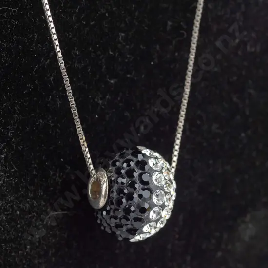 silver black/white crystal ball necklace stamped
