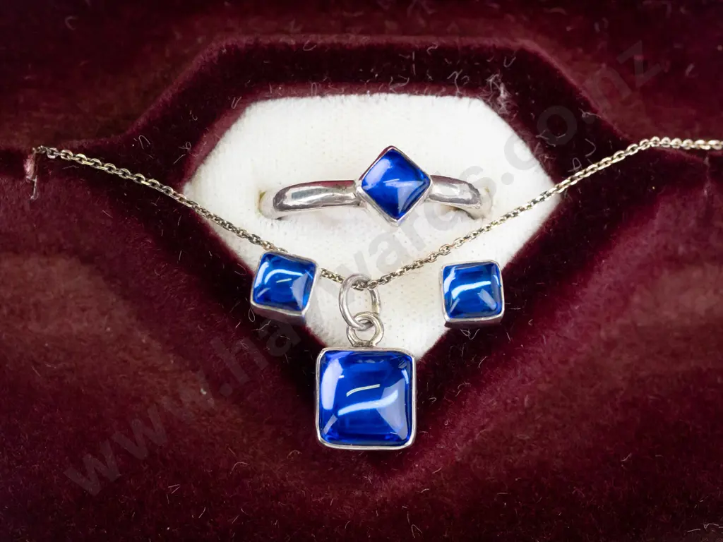 silver blue stone necklace, ring & earring set all stamped 925 Image 1++