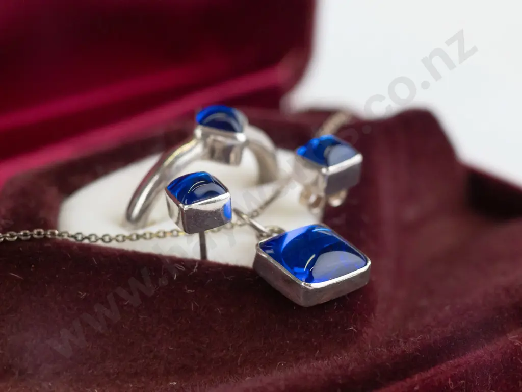silver blue stone necklace, ring & earring set all stamped 925 Image 1++