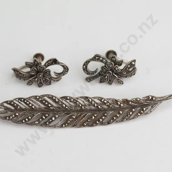 sterling silver and marcasite flower screw on earrings and leaf brooch