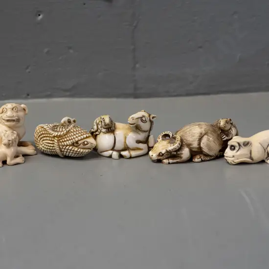 5 faux ivory or bone figures and/or netsuke - rats and mythical beasts
