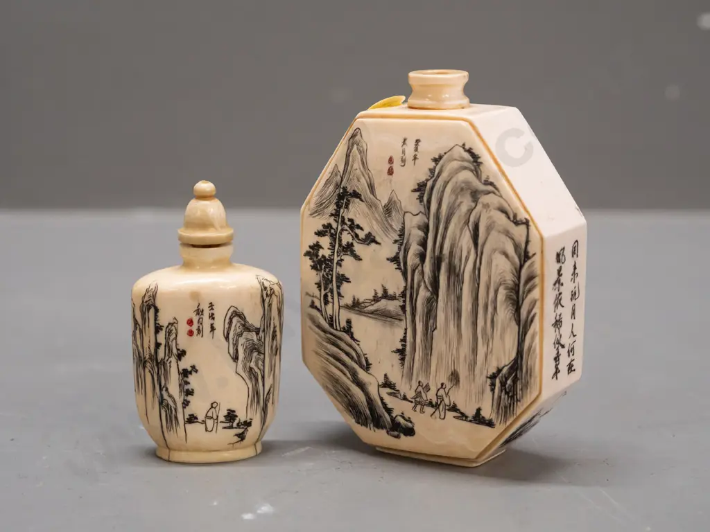 2 faux ivory or bone flasks or scent bottles, one with stopper, other has separating front panel H-85 Image 1++