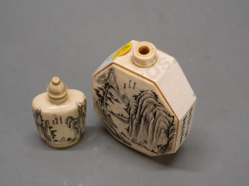 2 faux ivory or bone flasks or scent bottles, one with stopper, other has separating front panel H-85 Image 1++