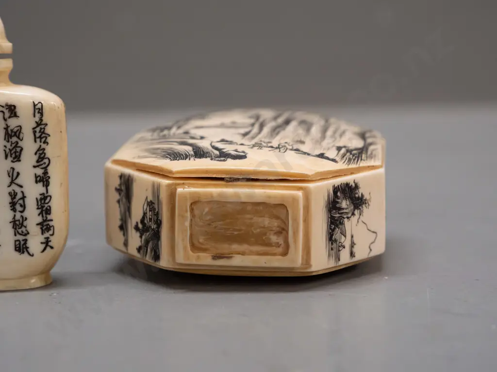 2 faux ivory or bone flasks or scent bottles, one with stopper, other has separating front panel H-85 Image 1++