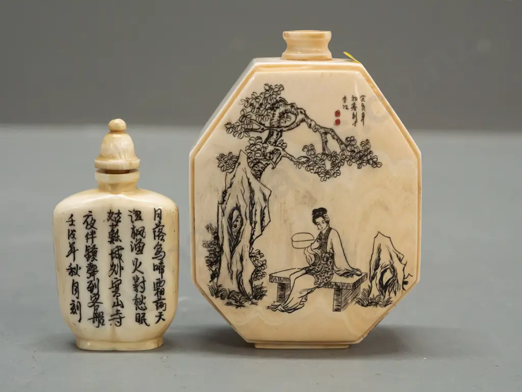 2 faux ivory or bone flasks or scent bottles, one with stopper, other has separating front panel H-85 Image 1++