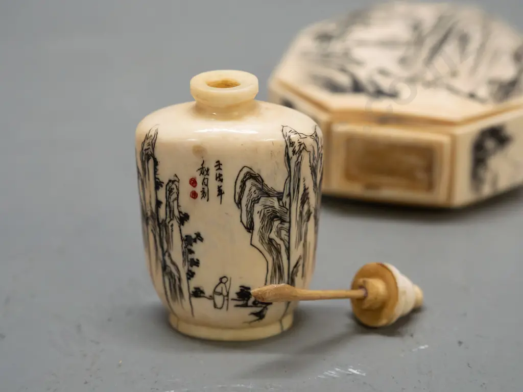 2 faux ivory or bone flasks or scent bottles, one with stopper, other has separating front panel H-85 Image 1++